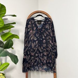 Z&L Europe MEDIUM Oversized Blue Boho Feather Print Long Sleeve Mini Dress